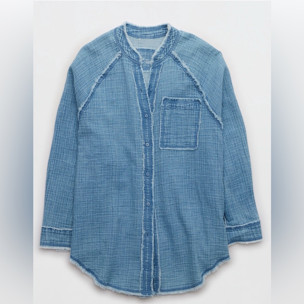 Aerie Gauzy Coverup Shirt, Light Wash, XXL - Picture 2 of 5